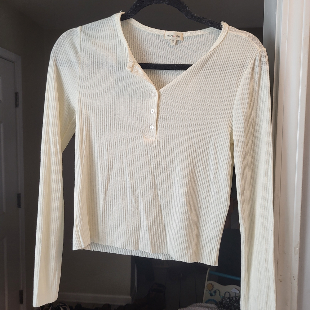 Love Tree Cream Ribbed Henley Long Sleeve Top